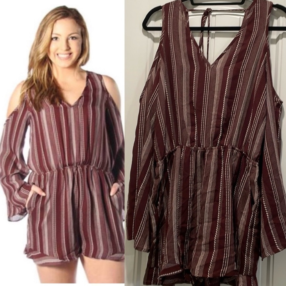 Sadie & Sage Women Romper Medium Burgundy Stripe Western Coastal Cowgirl